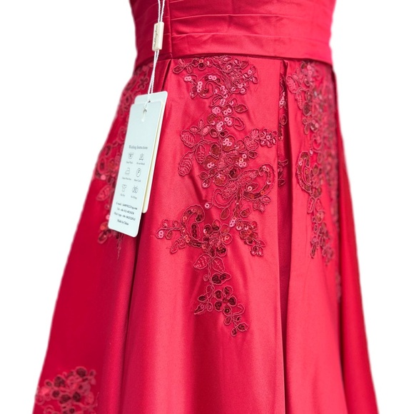 SOLD! Crimson Embroidered Off-Shoulder Ballgown with Cathedral Train - Size M - Picture 6 of 9